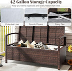 Tangkula 42 Gallon Outdoor Bench with Storage, Outdoor PE Rattan Storage Bench with Cushion, Backrest & Acacia Wood Armrests, Metal Frame, Waterproof Deck Box Seat for Porch Backyard Poolside - Image 4