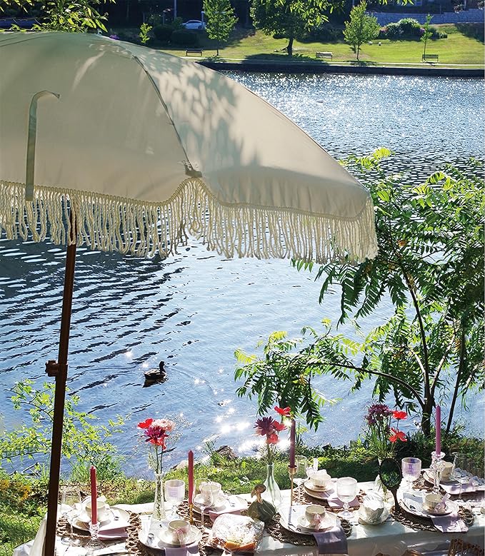 AMMSUN 7ft Patio Umbrella with Fringe Outdoor Tassel Umbrella UPF50+ Premium Steel Pole and Ribs Push Button Tilt, Light Beige - Image 3