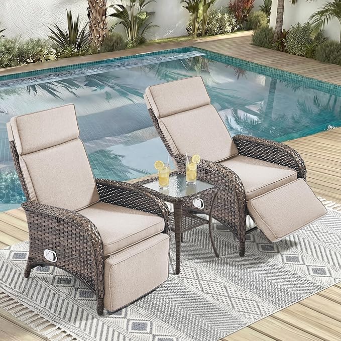 3 Pieces Zero Gravity Wicker Patio Recliner Chairs Set of 2 - Wicker Outdoor Lounge Chair with Side Table, Adjustable Backrest & Footrest, High Back Outdoor Recliner Chair for Pool Deck Beige by JelwalyPatioFurnitureSet