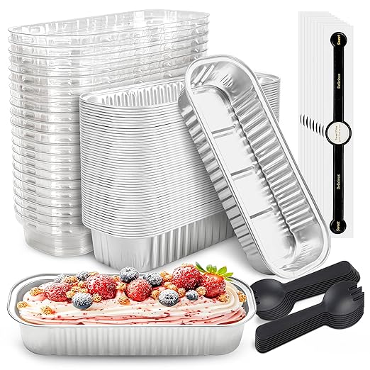 50 PACK Mini Cake Pans with Lids and Spoons, Rectangular Aluminum Foil Bread Pan by NPLUX