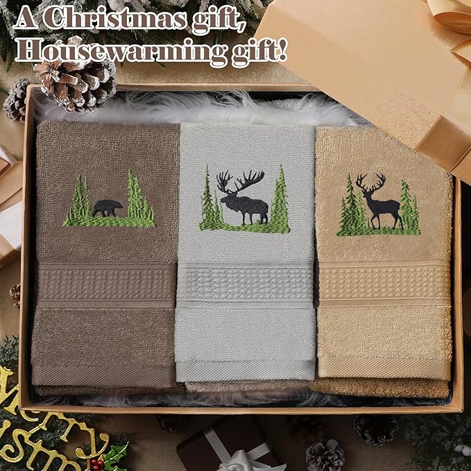 3 Pcs Farmhouse Cabin Bear Hand Towels Forest Moose Deer Embroidered Rustic - Image 6