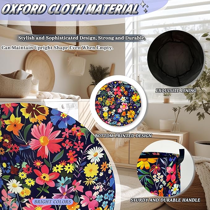 Colorful Flowers Laundry Basket Oxford Cloth Foldable Floral Laundry Hamper - Image 6