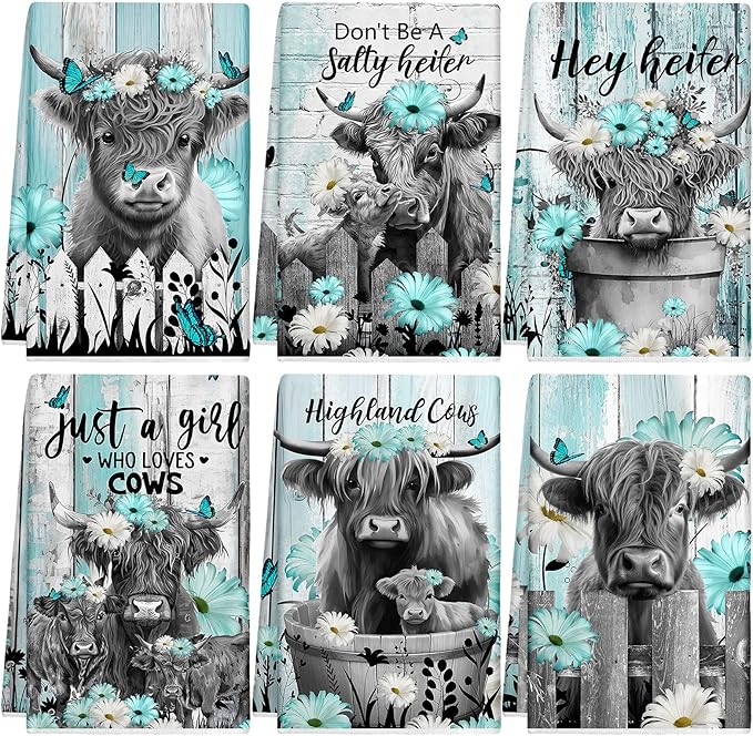 Breling Set of 6 Highland Cattle Kitchen Towels Highland Cow Vintage Themed by Breling