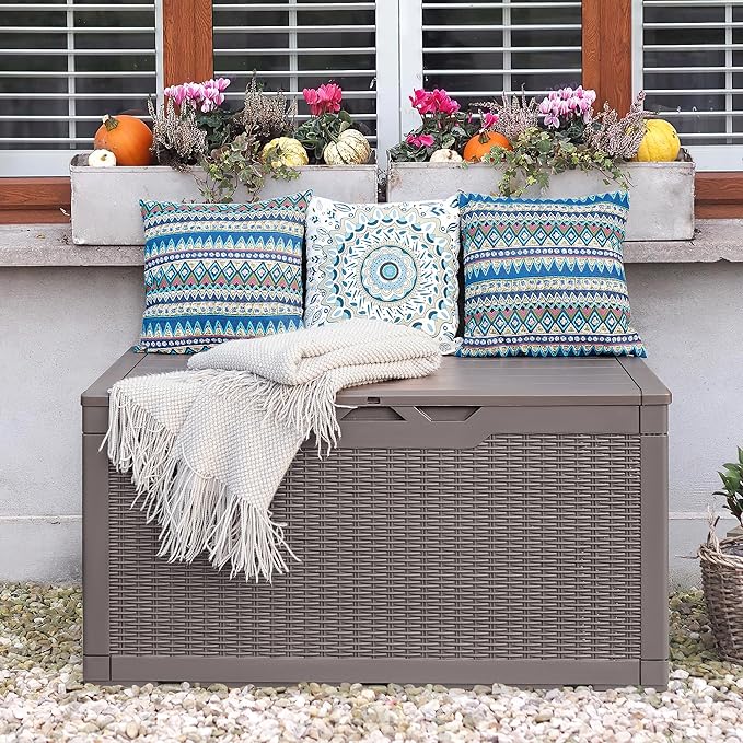 Flamaker Outdoor Storage Box 100 Gallon Waterproof Resin Deck Box Delivery Box with Air Rod Indoor Outdoor Lockable Storage Bench for Patio Cushions, Tools, Pool Accessories (Brown) - Image 4