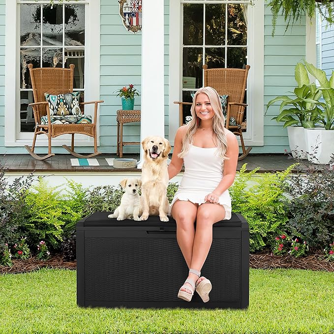 Devoko 100 Gallon Waterproof Large Resin Deck Box Outdoor Storage Box Indoor Lockable Storage Container with Cushion for Patio Furniture Garden Pool Cushions (Black) - Image 2