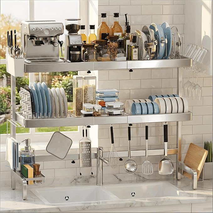 3 Tier Extra Large Over The Sink Dish Drying Rack, Expandable Stainless Steel by StartYourHomeStorageLife