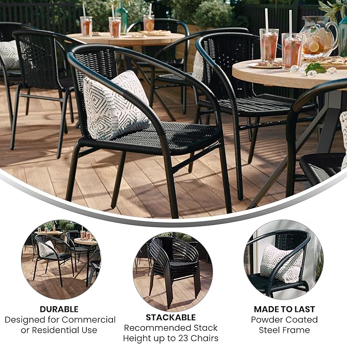 EMMA + OLIVER Set of 2 Modern Rattan Indoor/Outdoor Stack Chairs, Stacking Rattan Patio Chairs with Curved Back and Cross Bracing, Black - Image 5