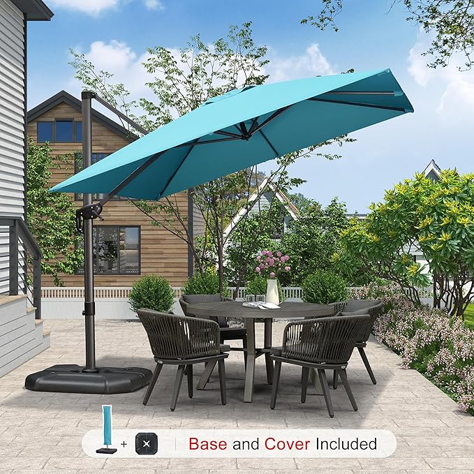 PURPLE LEAF 9'×9' Patio Umbrella with Base Outdoor Cantilever Umbrella with Cover Aluminum Square Offset Umbrella with 360-degree Rotation for Deck Pool Garden Turquoise Blue - Image 2