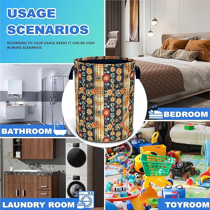 Folk Flower Art Laundry Basket Boho Floral Print Oxford Cloth Laundry Hamper - Image 4