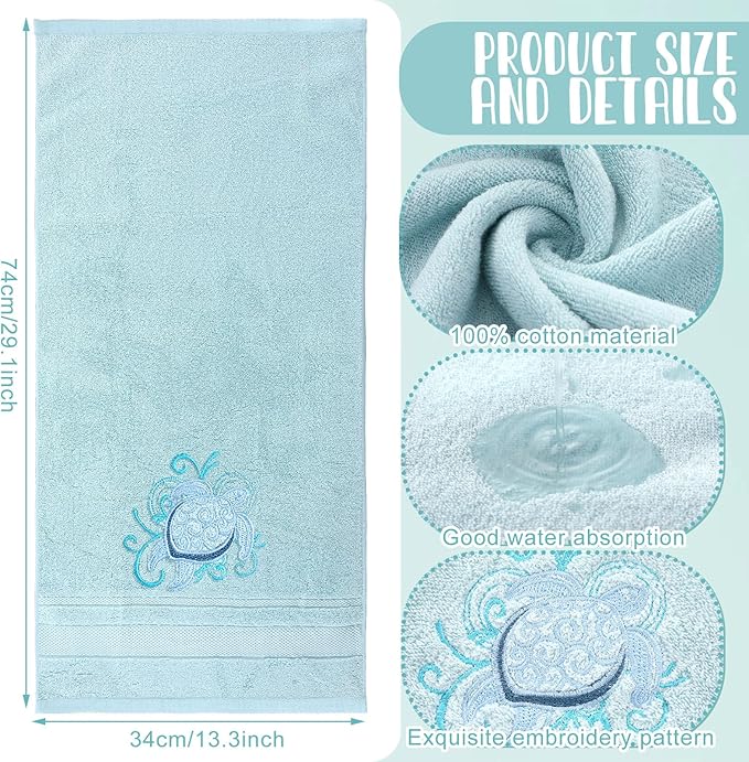 2 Pcs Sea Turtle Floral Hand Towels Pastel Blue Bathroom Decor 14x29 Inch - Image 3