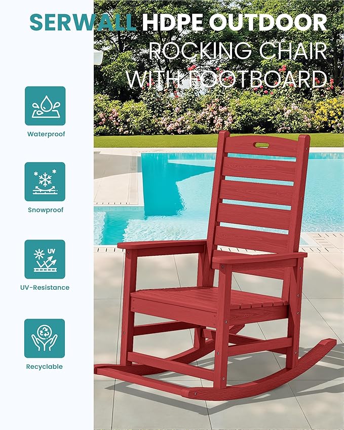 SERWALL Outdoor Rocking Chair Set of 4, Oversized HDPE Patio Rocking Chair with Footrest for Adults, All Weather Porch Rocker for Deck Patio Balcony, Red - Image 4