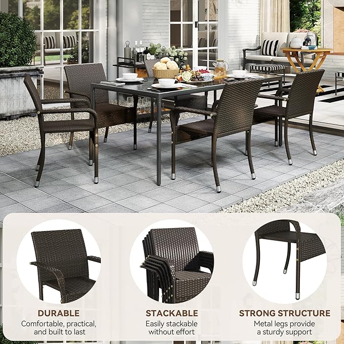 Yaheetech Set of 2 Stackable Outdoor Rattan Dining Chairs, All-Weather Armchair w/Armrests, Steel Frame for Garden, Patio, Deck, Yard, Poolside, Brown - Image 9