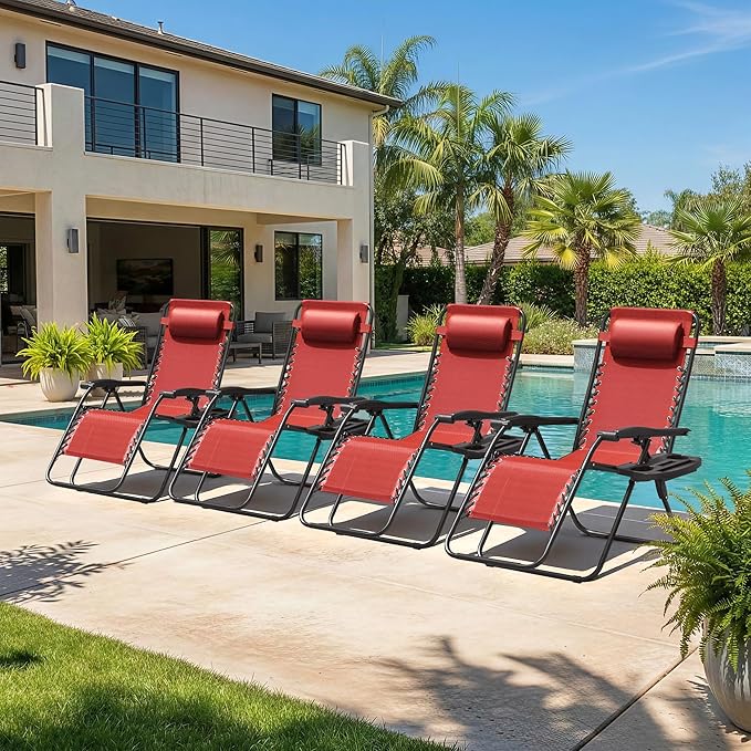 Homall Zero Gravity Chair Patio Folding Lawn Outdoor Lounge Gravity Camp Reclining Lounge Chair with Cup Holder Pillows for Poolside Backyard and Beach Set of 4 (Red) - Image 5