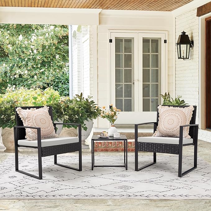 Flamaker 3 Pieces Patio Furniture Outdoor Wicker Modern Rattan Chair Conversation Sets with Coffee Table for Yard, Bistro(White) - Image 7