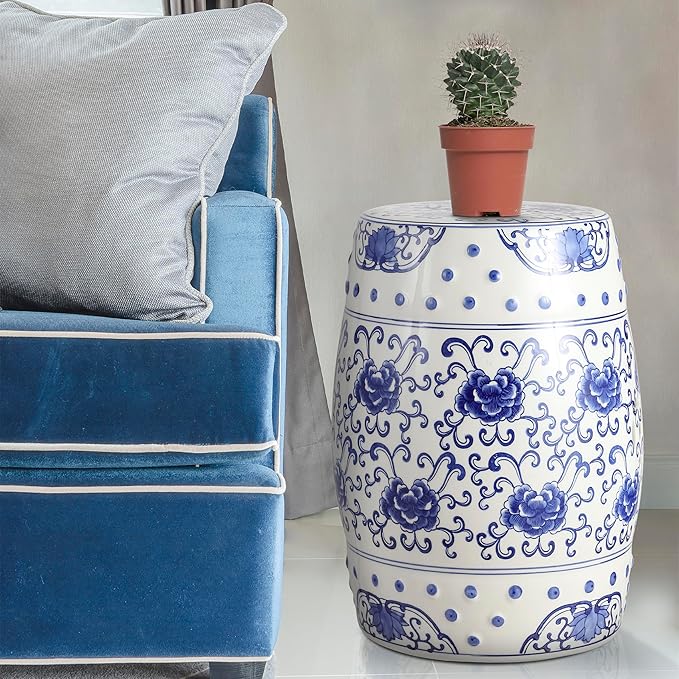 JONATHAN Y TBL1000A Lotus Flower 17.8" Chinoiserie Ceramic Drum Indoor/Outdoor Garden Stool Bohemian, Coastal, Classic, Cottage, French Country, Traditional, Bathroom, Garden Room, Patio, Blue/White - Image 4