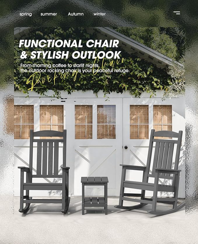 KINGYES HDPE Patio Rocking Chair Set of 2, Outdoor Rocking Chairs Porch Rocker for Adults, Grey - Image 2