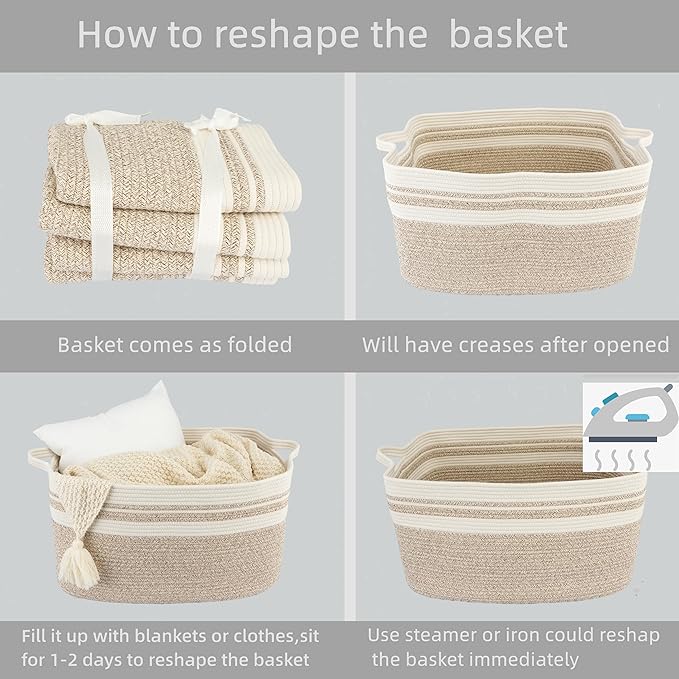 Large Rectangle Blankets Basket Living Room 22"x17"x12" Woven Cotton Rope - Image 7
