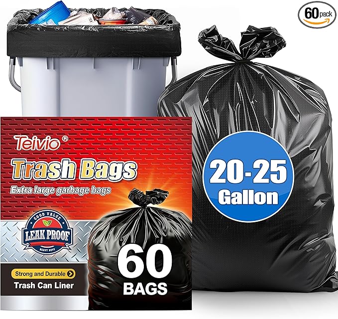 Teivio Black Trash Bags 20-25 Gallon 60 Count | Large Multipurpose | Fit 18 by Teivio