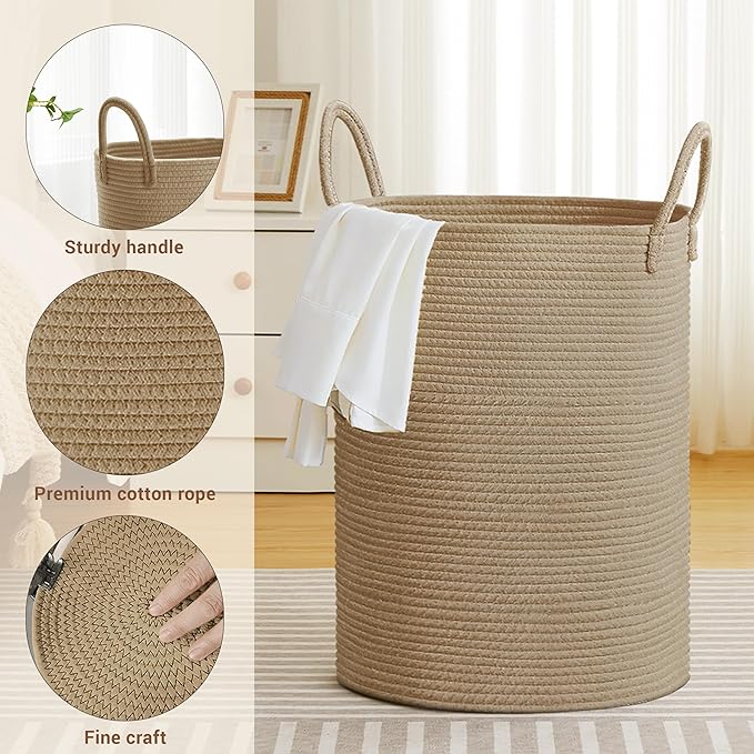 Tall Laundry Basket with Handles, 100L Portable Dirty Clothes Hamper, Boho - Image 3