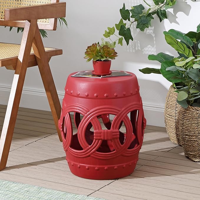 JONATHAN Y TBL1022C Lucky Coins 16" Chinese Ceramic Drum Indoor/Outdoor Garden Stool Bohemian, Coastal, Cottage, French Country, Traditional, for Living Room, Garden Room, Patio, Matte Red - Image 2