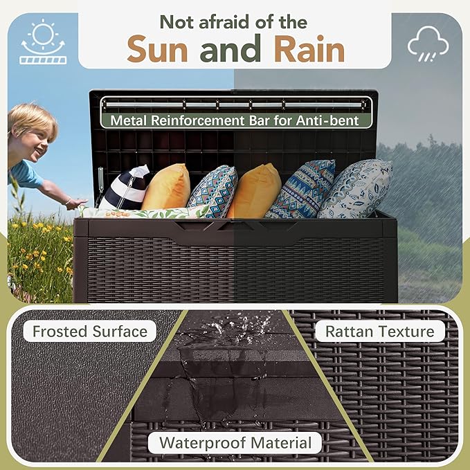 Flamaker Deck Box with Cushion 100 Gallon Waterproof Resin Storage Box with Air Rod Indoor Outdoor Lockable Storage Bench for Patio Furniture, Tools, Pool Accessories (Deep Brown) - Image 3