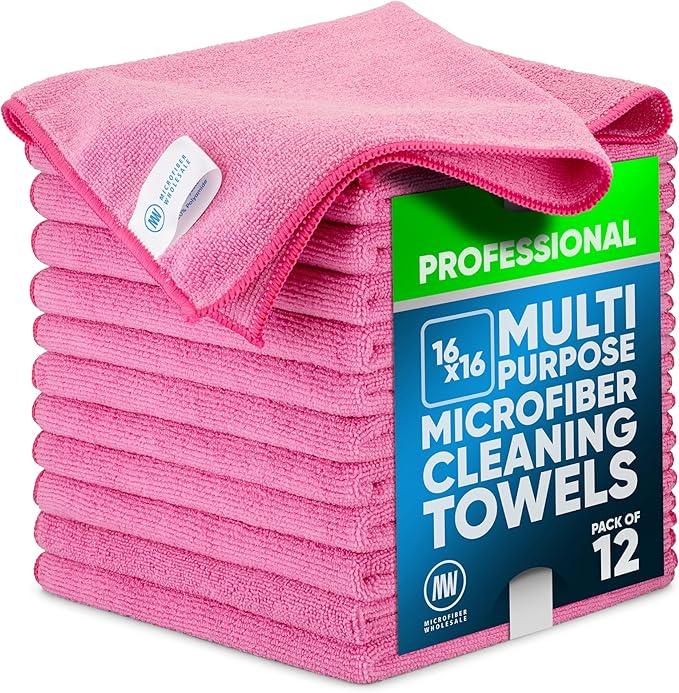 MW Pro Microfiber Cleaning Cloth | Pink | 12 Pack | 16” x 16” | All Purpose by MicrofiberWholesale