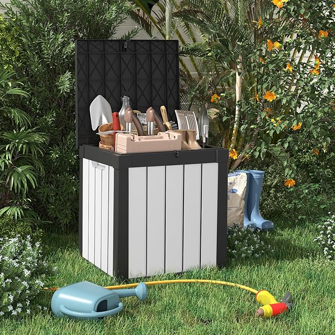 EasyUp 50 Gallon Deck Box Outdoor Storage Box for Patio Furniture,Outdoor Cushions,Garden Tools and Pool Supplies,Waterproof,Resin（Black&White） - Image 6