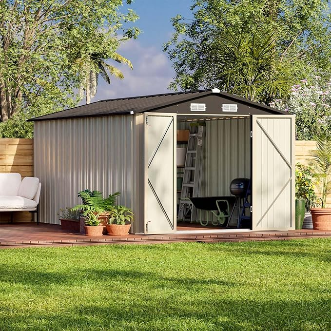 Patiowell 12 x 8 FT Outdoor Storage Shed, Steel Shed Storage House with Design of Lockable Doors, Utility and Tool Storage for Garden, Patio, Backyard, Outside use, Brown by Patiowell