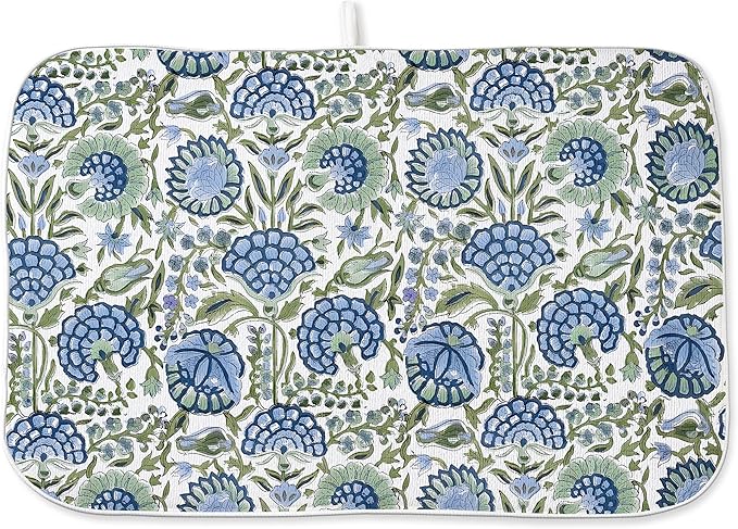 Blue Sage Green Floral Dish Drying Mats 18x24 Inch Sage Green Block Print by GOLIANDA