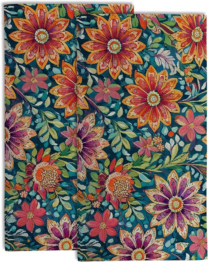 Boho Flowers Bathroom Hand Towel Set of 2, Vintage Colorful Floral Fingertip by Gnhkmw