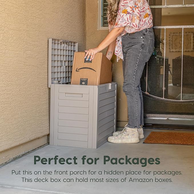 IRIS USA 35-Gallon Outdoor Deck Delivery Storage Box, Lockable & UV-Protected, Weather-Resistant Patio Storage for Cushions, Garden Tools & Packages, Waterproof Resin, Durable & Stylish Design - Beige - Image 6