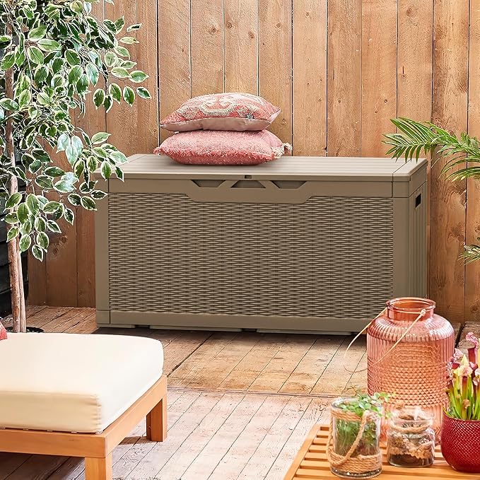 Greesum 100 Gallon Resin Patio Storage Box for Garden Tools, Outdoor Furniture Cushions, Pool Supplies, Coffee - Image 2