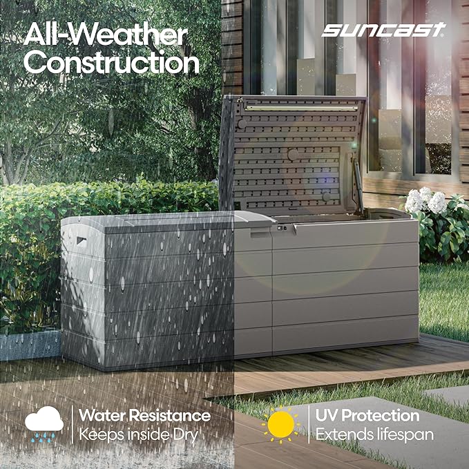 Suncast 120 Gallon Deck Box - Resin Outdoor Storage Box for Patio Cushions, Pool Accessories, & Garden Tools, Lockable Outdoor Storage Bin with Split Lid, Extra Large Dove Gray Outside Container - Image 4
