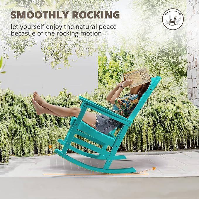 LUE BONA Outdoor Rocking Chairs Set of 4, HDPS Porch Rocker with High Back, Plastic Weather Resistant Rocking Chairs for Outdoor Indoor, Garden, Backyard, 350lb, Aruba Blue - Image 6