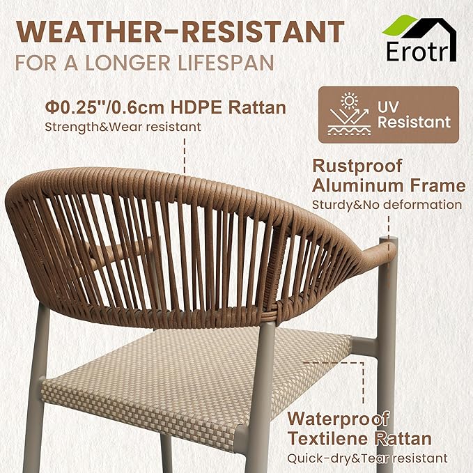 4 Pcs Stackable Patio Dining Chairs, Aluminum Rattan Outdoor Dining Chair with Arms, Woven Rope Garden Armchair Metal No Assembly for Bistro Balcony Porch Deck Yard Cafe Restaurant, Light Brown - Image 5