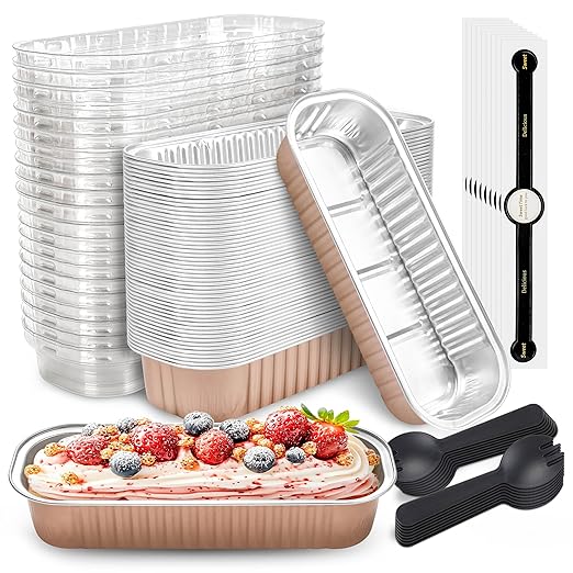 50 PACK Mini Cake Pans with Lids and Spoons, Rectangular Aluminum Foil Bread Pan by NPLUX