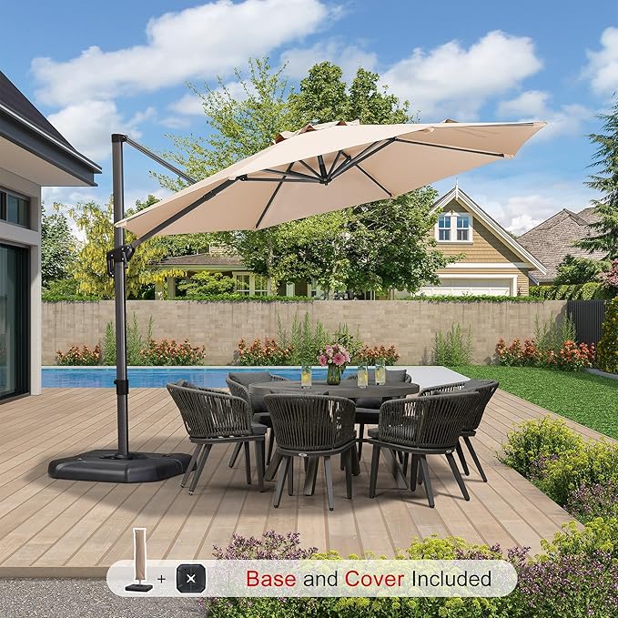 PURPLE LEAF 11 Feet Patio Umbrella with Base and Cover Round Outdoor Cantilever Umbrella Aluminum Offset Umbrella with 360-degree Rotation for Garden Deck Pool Patio Beige - Image 2