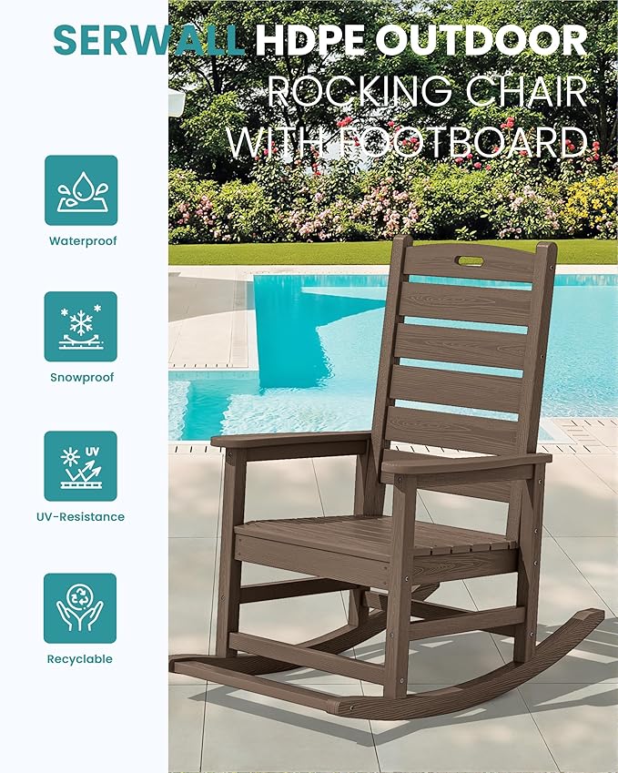 SERWALL Outdoor Rocking Chair, Oversized Rocking Chair with Footrest for Adults, HDPE All Weather Resistant Rocking Chairs for Patio, 350lbs Weight Capacity, Coffee - Image 4