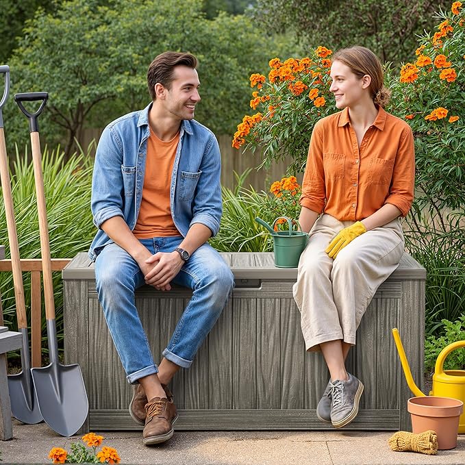 Devoko 125 Gallon Outdoor Storage Box, Waterproof Resin Deck Box for Patio Furniture, Lockable Container for Garden Cushions & Pool Supplies (Light Brown, 125 Gallon) - Image 6