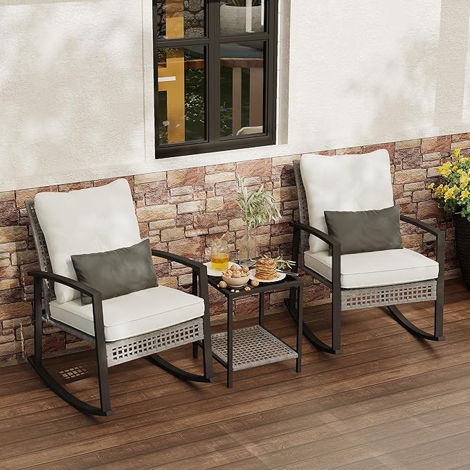 3 Piece Patio Rocking Chairs Set of 2, Outdoor Rocking Chair Bistro Set with Tempered Glass Coffee Table and Thick Lumbar Pillow Set, Front Porch Chairs for Garden, Backyard (Gray Rattan) by Rotihom