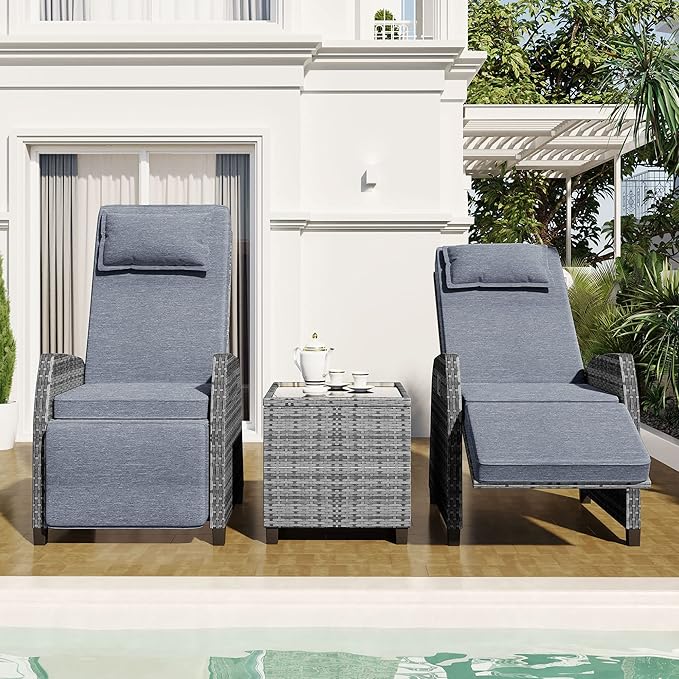 Outdoor Recliners Chair Set of 2 for Patio with Wicker Coffee Table, Comfort Cushion, Adjustable Angle Weatherproof Reclining Chairs for Courtyard, Swimming Pool, Balcony (Grey) - Image 6