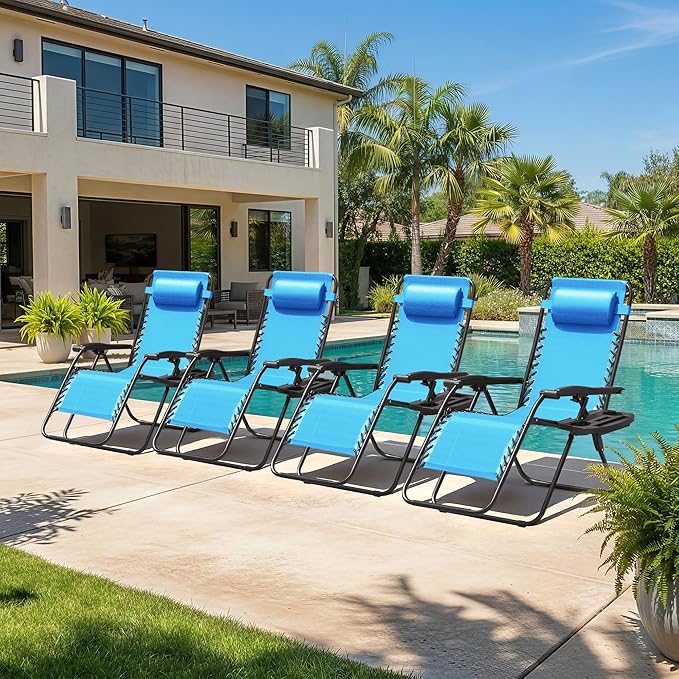 Homall Zero Gravity Chair Patio Folding Lawn Outdoor Lounge Gravity Camp Reclining Lounge Chair with Cup Holder Pillows for Poolside Backyard and Beach Set of 4 (Sky Blue) - Image 6