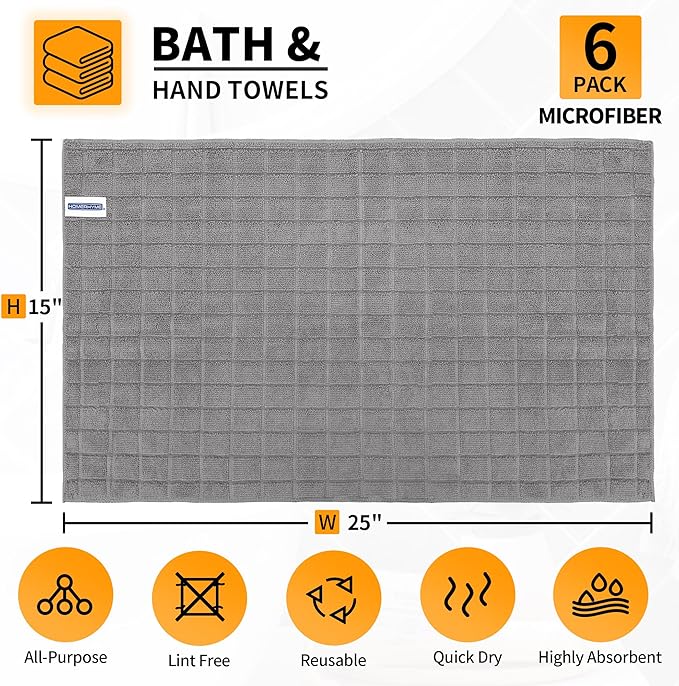 HOMERHYME Microfiber Hand Bath Towels, 6 Pack 25''*15'' Grey Bathroom Hand - Image 2