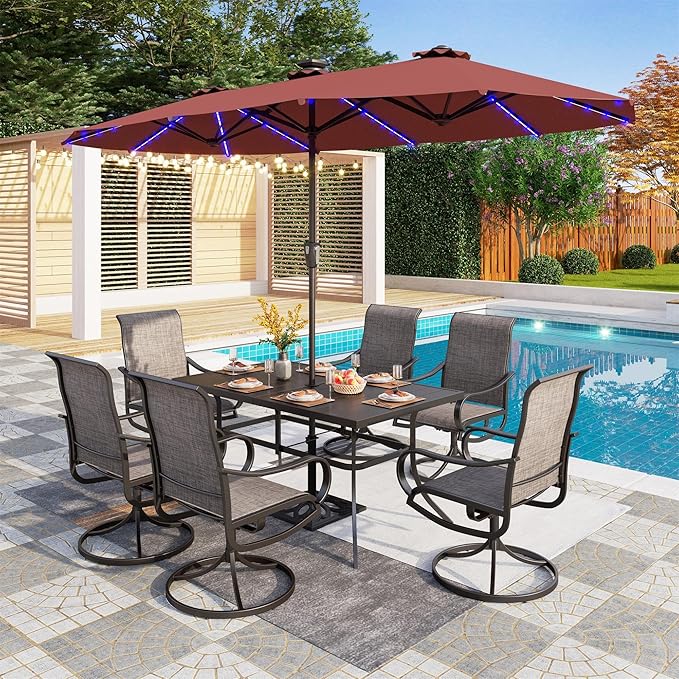 PHI VILLA 13ft Patio Umbrella with Solar-Powered 120 PCS LED Color-Changing Lights, Triple-Head Large Rectangle Umbrella Outdoor Patio for Table with Crank Lift,Dark Red(No Base) - Image 7