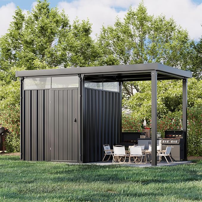 Patiowell 2-in-1 Outdoor Storage Shed, 7' x7' Galvanized Steel Metal Shed with 7' x 7' Porch Pergola Gazebo Outdoor Studio Open-Sided Firewood Shed for Backyard Patio Garden Lawn - Image 2