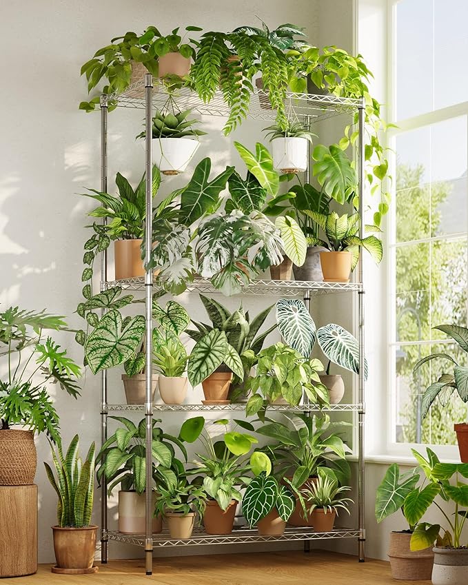 Large Plant Shelf Indoor Plant Stand Outdoor 4 Tier for Plants Heavy Duty 3000lbs Plant Rack Storage Shelves Adjustable Tall Plant Holder for Balcony Garden Patio by Gentingbro