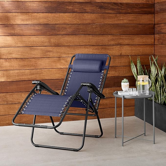 Amazon Basics Outdoor Patio Zero Gravity Lounge Chair with Pillow, Folding Reclining and Textilene Adjustable, Folding Lounge Lawn Chairs for Outside, 26", Blue - Image 2