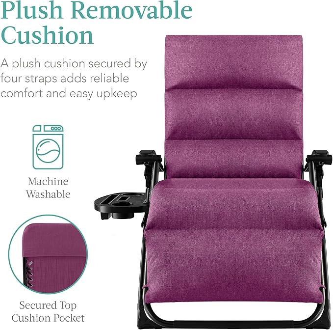 Best Choice Products Oversized Zero Gravity Chair, Folding Outdoor Patio Recliner, XL Anti Gravity Lounger w/Removable Cushion, Cup Holder, Side Tray, 350lb Capacity - Amethyst Purple - Image 3