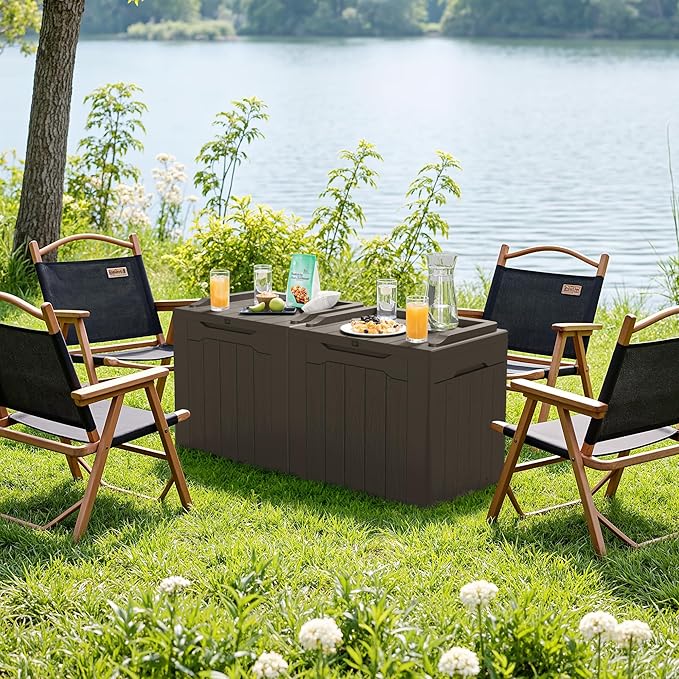 JUMMICO 31 Gallon Resin Deck Box Waterproof Indoor Outdoor Storage Boxes for Patio Furniture Cushions and Garden Tools (Brown, 31gallon-2 Packs) - Image 4
