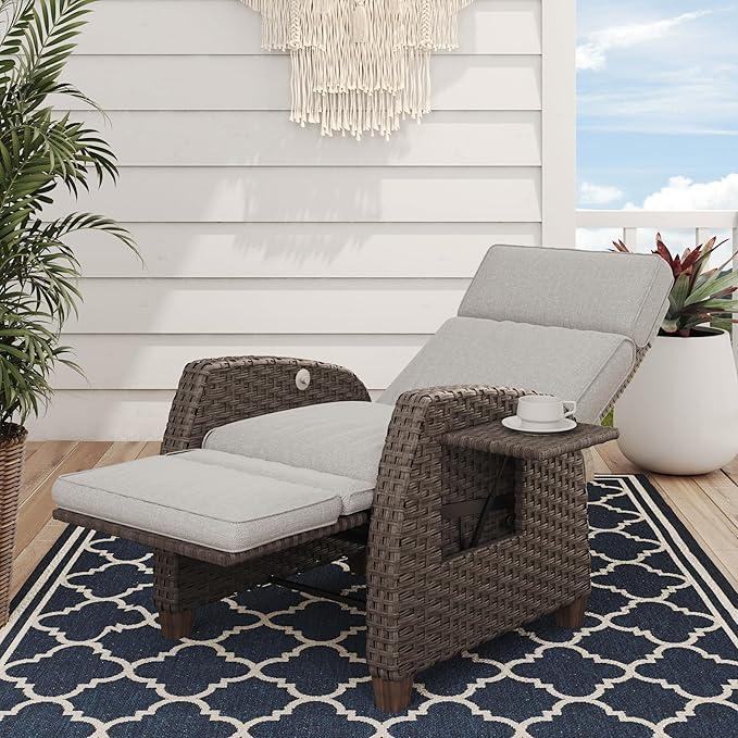 Grand patio Indoor & Outdoor Recliner Chair PE Wicker Patio Recliner with Flip Table Reclining Lounge Chair, Mist Grey by GrandPatio